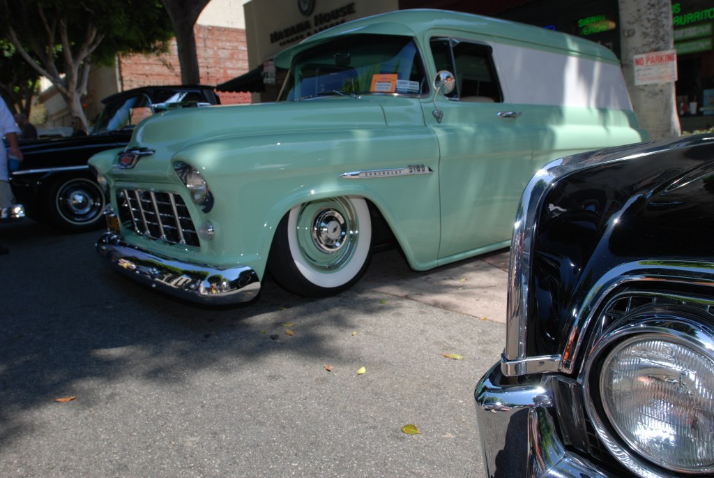 Sea Foam Green & white 1955 Chevrolet Panel_ 3/4 front view_12th Annual Uptown Whittier Car Show_August 18, 2012 Sea Foam Green & white 1955 Chevrolet Panel_ 3/4 front view_12th Annual Uptown Whittier Car Show_August 18, 2012