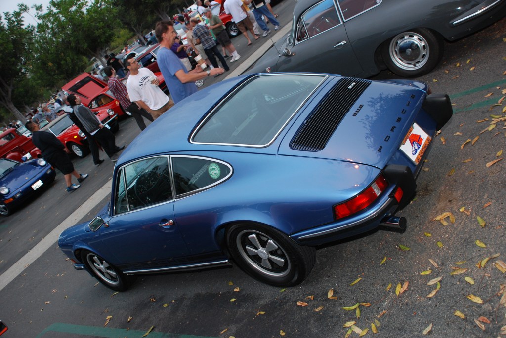 Gemini Blue 1973 Porsche 911E_3/4 rear view Porsche row_Cars&Coffee/Irvine_August 25, 2012
