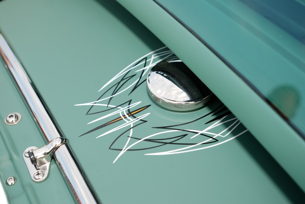 Matte green 1932 Ford 5 window coupe_front cowl & pinstripe detail_Ruby's Diner car show_ Whittier,California_August 3, 2012