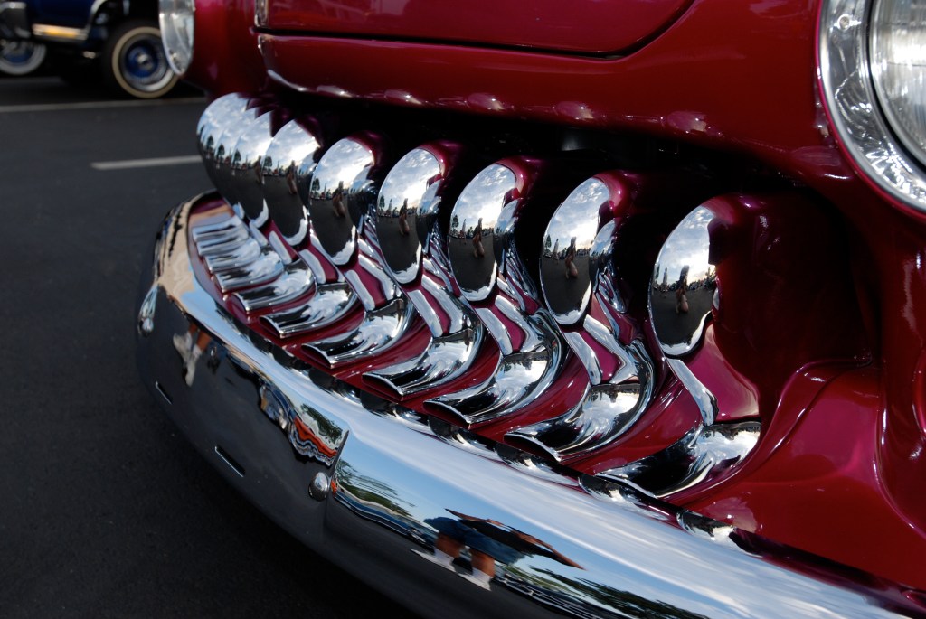 Aqua Blue with magenta flames, chop top Mercury coupe_front grill detail_Ruby's Diner car show_ Whittier,California_August 3, 2012 Aqua Blue with magenta flames, chop top Mercury coupe_front grill detail_Ruby's Diner car show_ Whittier,California_August 3, 2012