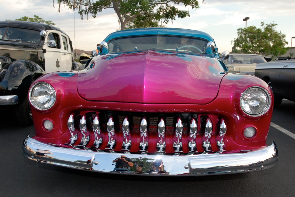 Aqua Blue with magenta flames, chop top Mercury coupe_front view_Ruby's Diner car show_ Whittier,California_August 3, 2012