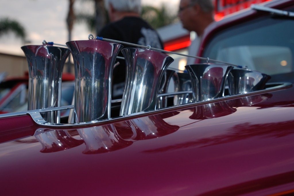 Raspberry colored hot rod_ injection stacks thru hood and reflections_Ruby's Diner car show_ Whittier,California_August 3, 2012 Raspberry colored hot rod_ injection stacks thru hood and reflections_Ruby's Diner car show_ Whittier,California_August 3, 2012