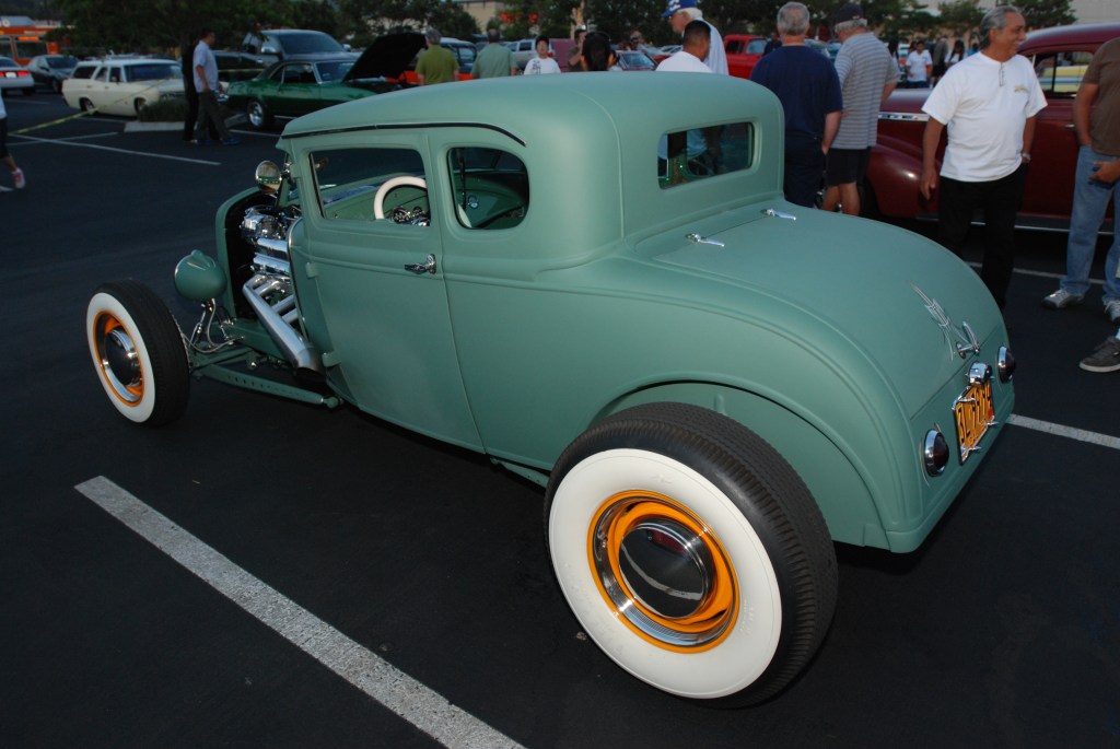 Matte green 1932 Ford 5 window coupe_3/4 left rear shot_Ruby's Diner car show_ Whittier,California_August 3, 2012