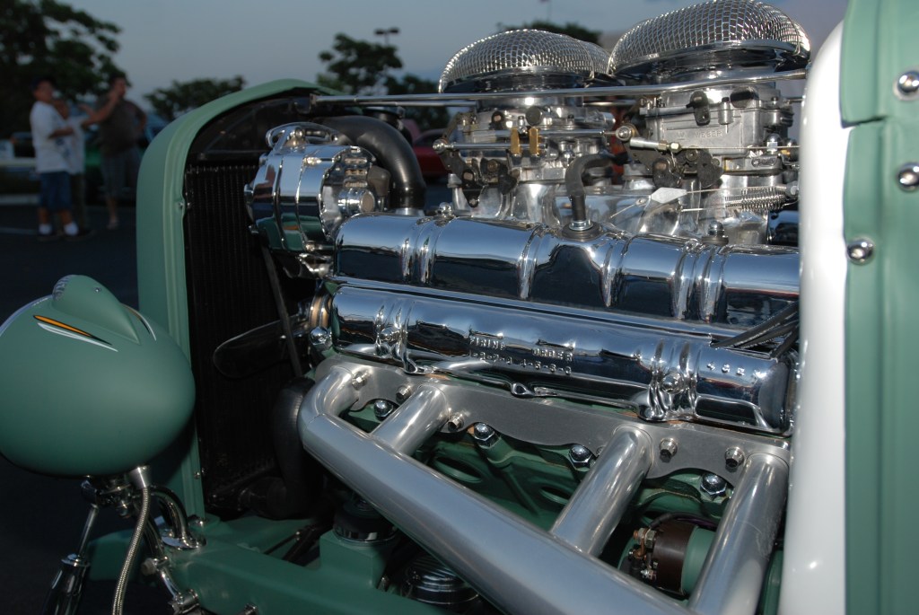 Matte green 1932 Ford 5 window coupe_headlight housing & engine detail shot_Ruby's Diner car show_ Whittier,California_August 3, 2012