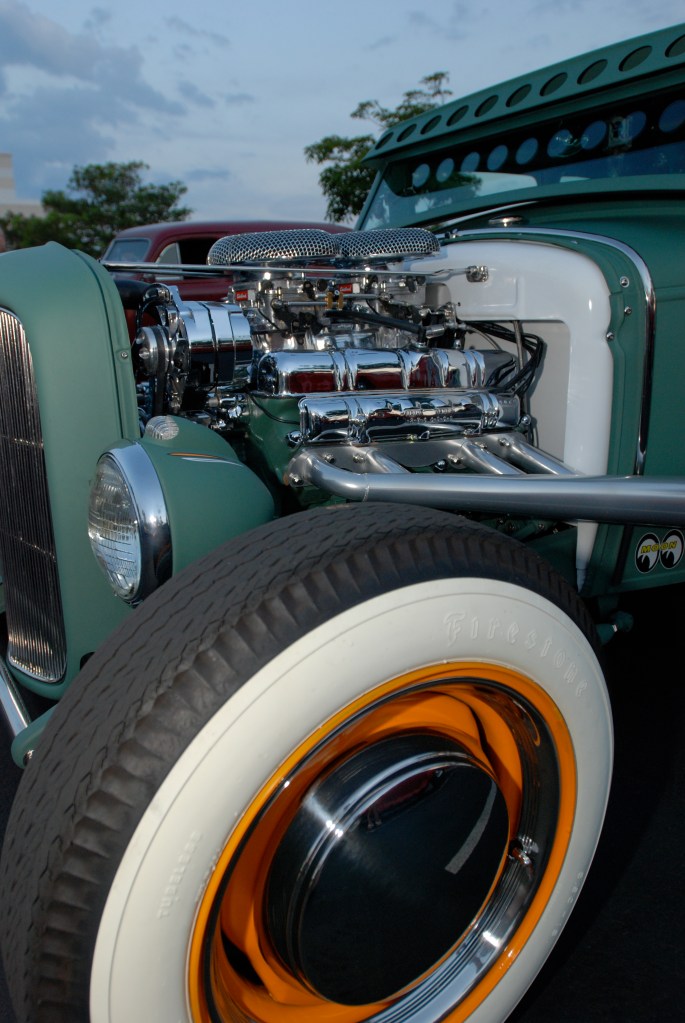 Matte green 1932 Ford 5 window coupe_left front wheel & motor shot_Ruby's Diner car show_ Whittier,California_August 3, 2012 Matte green 1932 Ford 5 window coupe_left front wheel & motor shot_Ruby's Diner car show_ Whittier,California_August 3, 2012