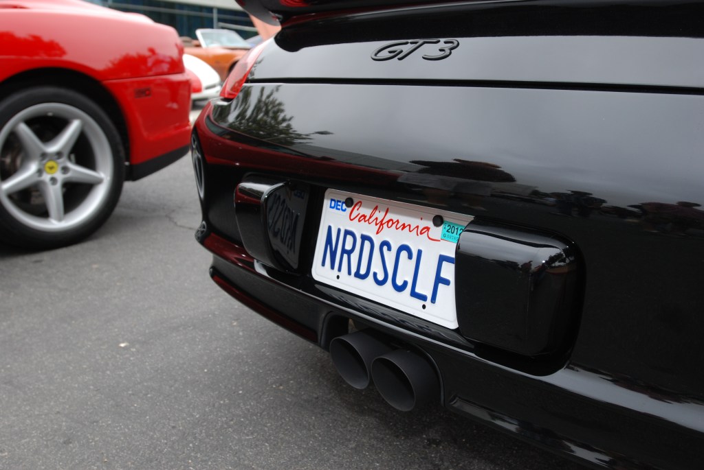 Black Porsche GT3_ Rear end reflections & themed license plate_Cars&Coffee / Irvine_July 28, 2012 Black Porsche GT3_ Rear end reflections & themed license plate_Cars&Coffee / Irvine_July 28, 2012