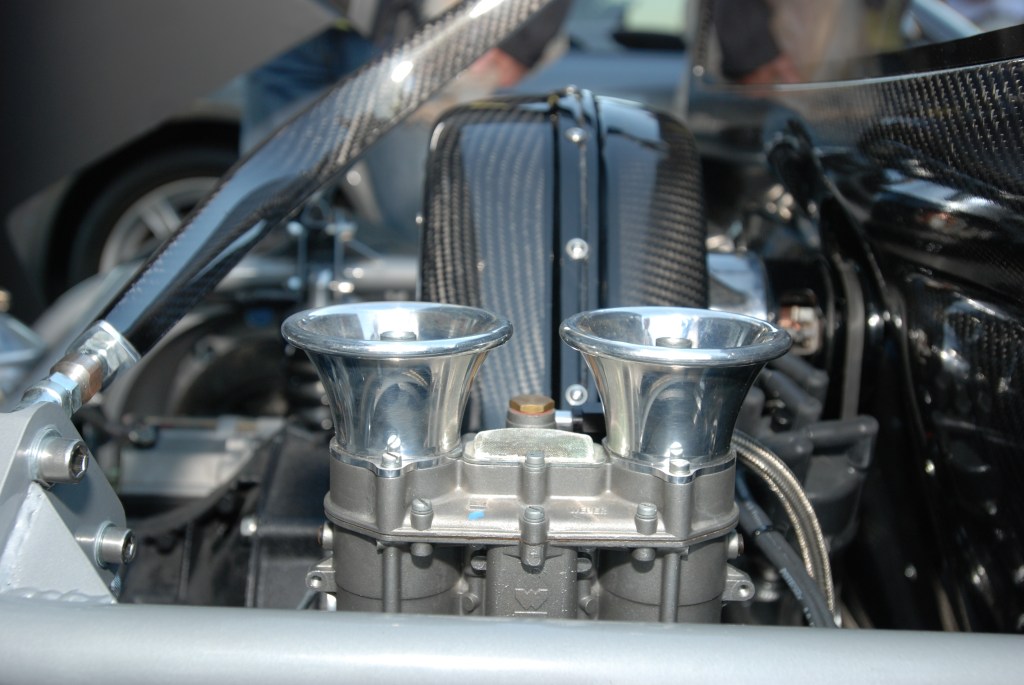 silver Vintech P-550 tribute_ side view, engine compartment, carbon fiber bulkhead, fan shroud, strut bar and Weber carbs__Cars&Coffee/Irvine_September 1, 2012
