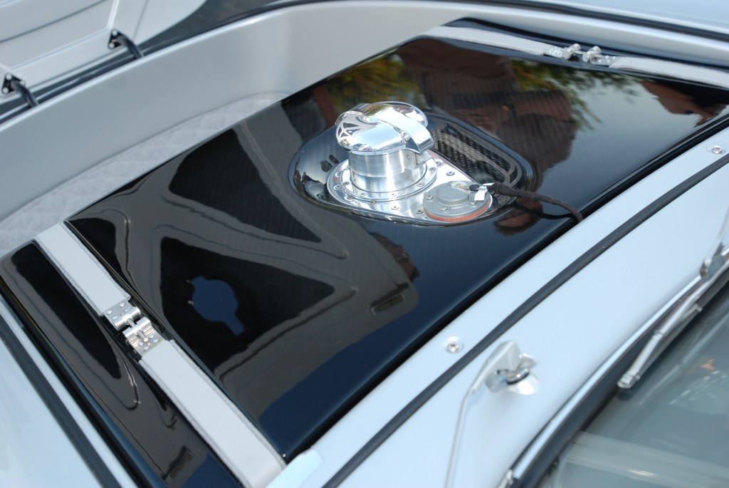 silver Vintech P-550 tribute_all opened up, carbon fiber fuel tank, tie down straps and reflections_Cars&Coffee/Irvine_September 1, 2012