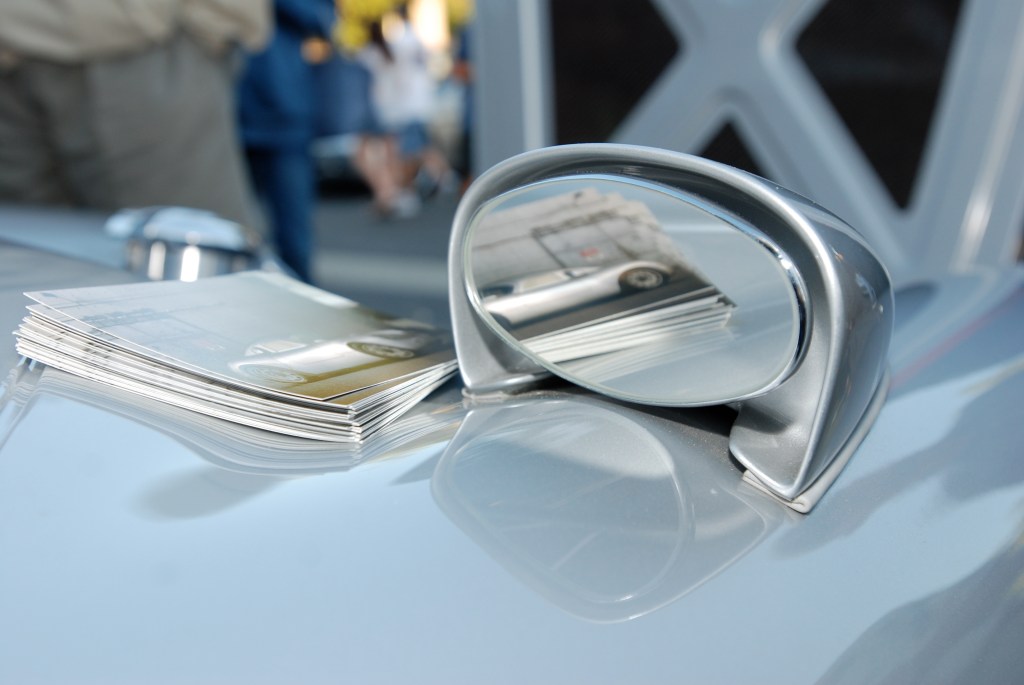 silver Vintech P-550 tribute_ fender mounted mirror, promo cards, detail and reflections_Cars&Coffee/Irvine_September 1, 2012