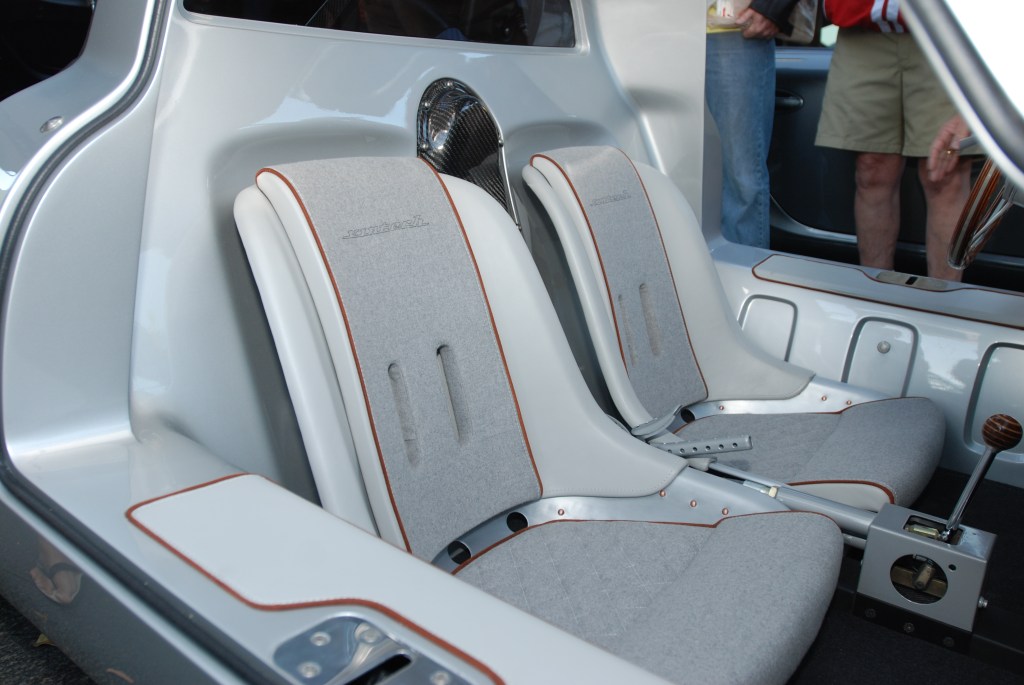 silver Vintech P-550 tribute_ interior detail, custom aluminum seat with leather upholstery trim_Cars&Coffee/Irvine_September 1, 2012