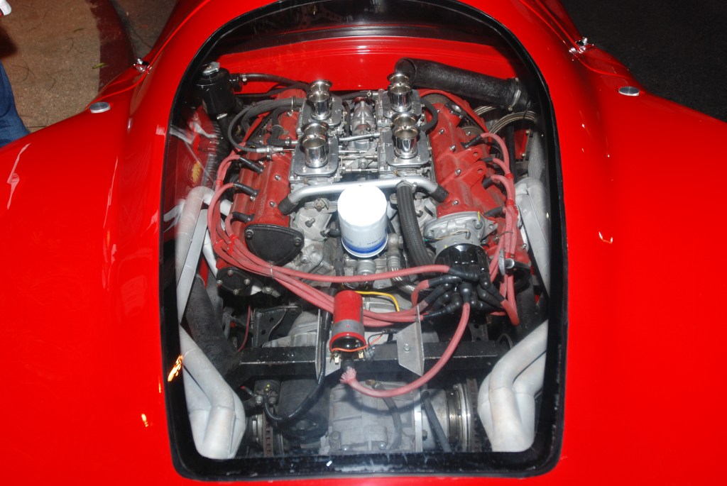 Red 1967 Ferrari 330 P4 recreation_ view of motor thru rear window_Cars&Coffee_September 29, 2012