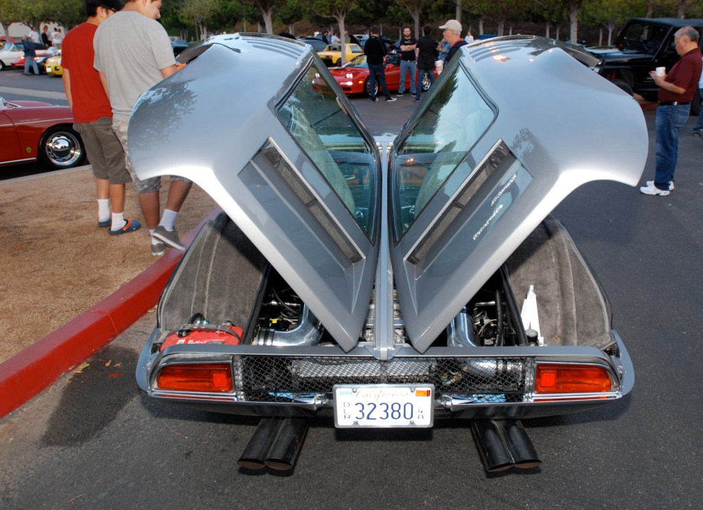 1969 slate gray Detomaso Mangusta_rear view with opened  rear decks_Cars&Coffee_October 6, 2012