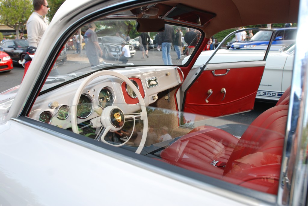 Ivory 1955 Porsche Continental coupe_interior view with red upholstery_Cars&Coffee_October 6. 2012