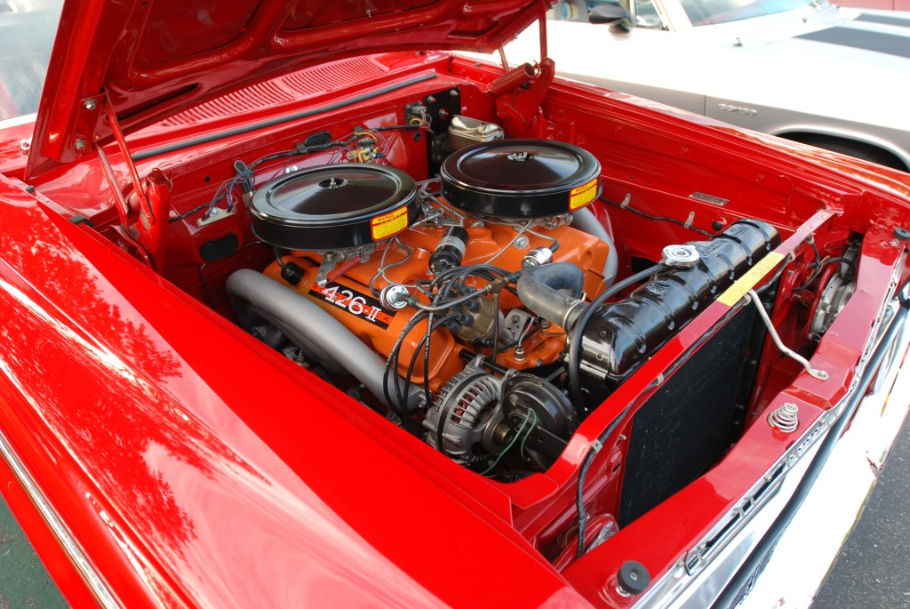 Red 1963 Plymouth Sport Fury _426 hemi motor detail_Cars&Coffee_October 6, 2012
