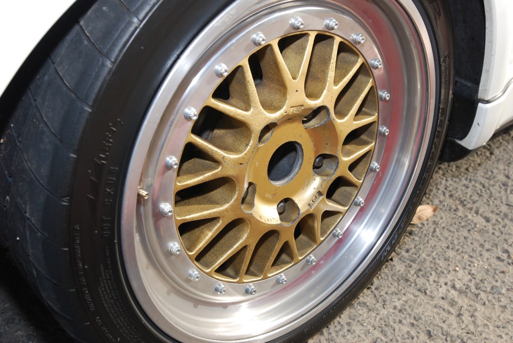 Grand Prix white 1991 Porsche 964 turbo_3 piece modular, gold BBS race wheel_Cars&Coffee_October 6, 2012