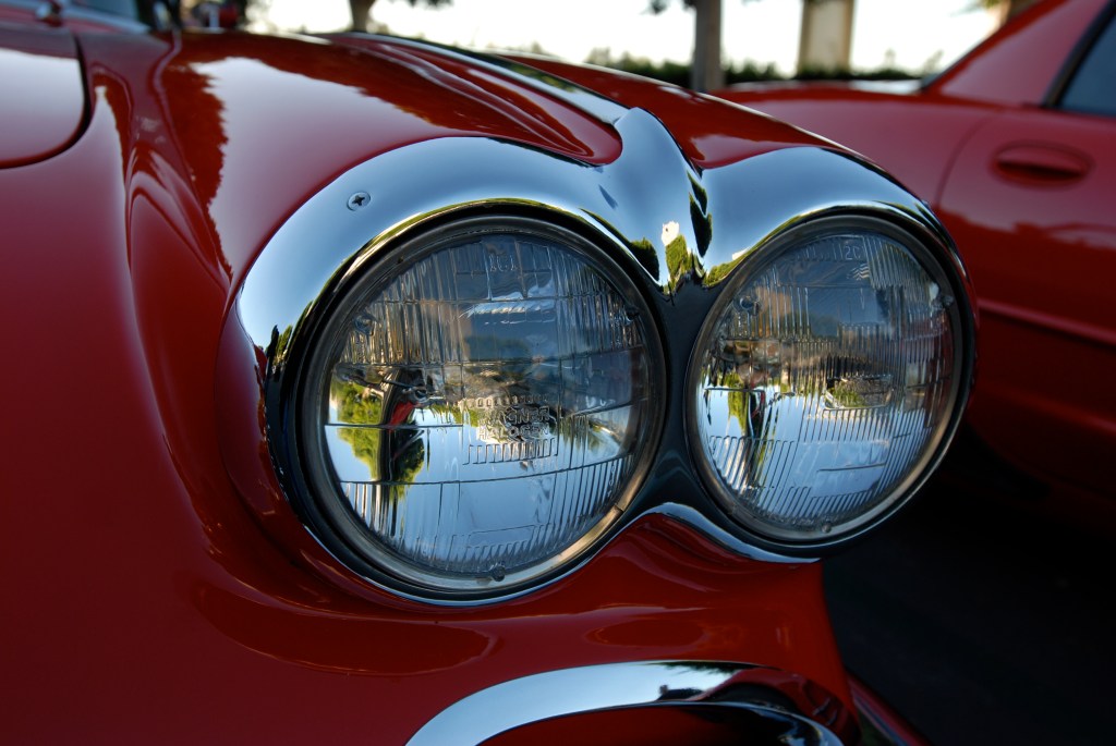 Red & white 1958 corvette roadster_headlight & trim reflections_Cars&Coffee_October 27, 2012