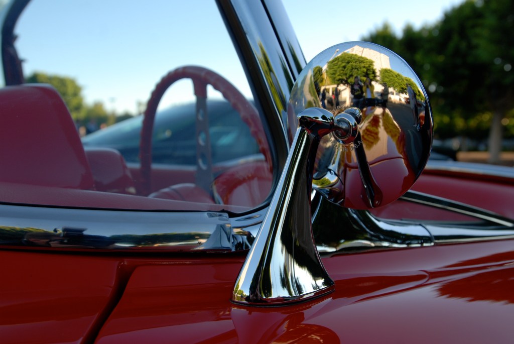 Red & white 1958 corvette roadster_side mirror reflections_Cars&Coffee_October 27, 2012