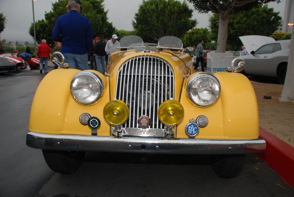 Sunflower yellow hued Morgan Plus 4 roadster_front view_Cars& Coffee_October 20, 2012