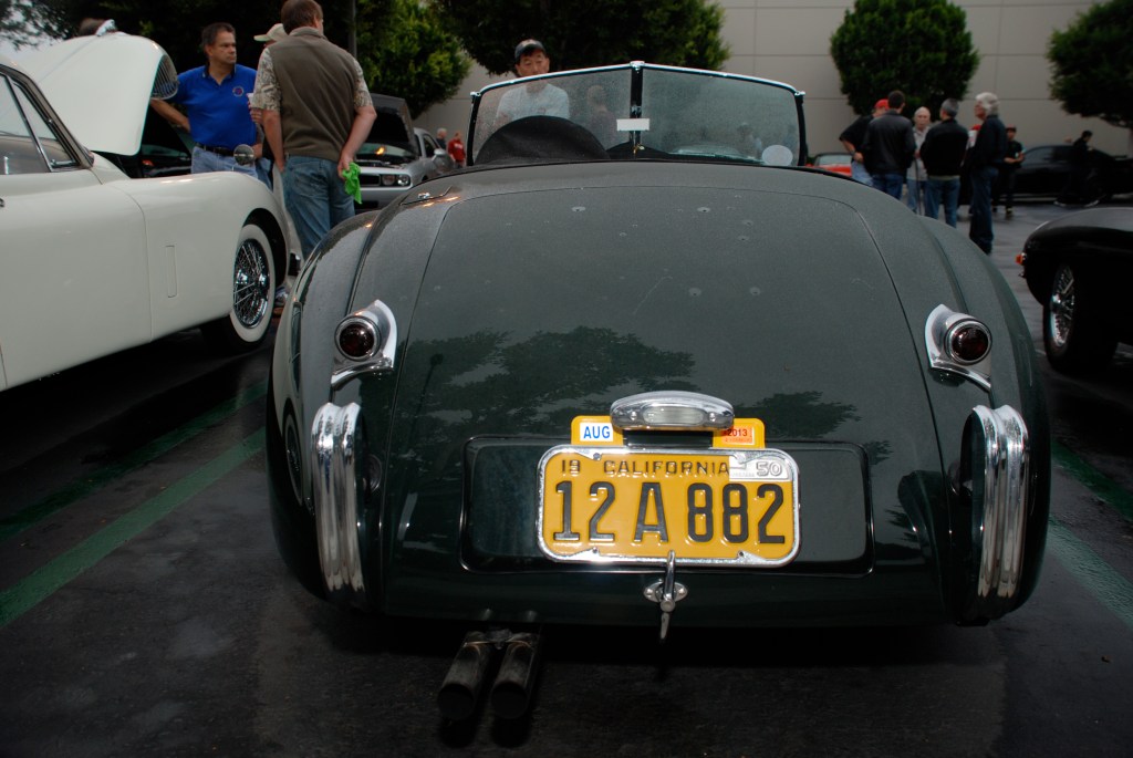 Green Jaguar XK 140 roadster_rear view with rain drops_Cars&Coffee_October 20, 2012