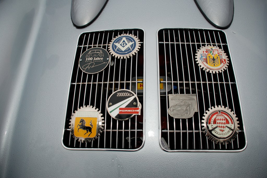 Silver Porsche 550 Spyder re-creation in the rain_rear grill detail w/ badging_Cars&Coffee_October 20, 2012