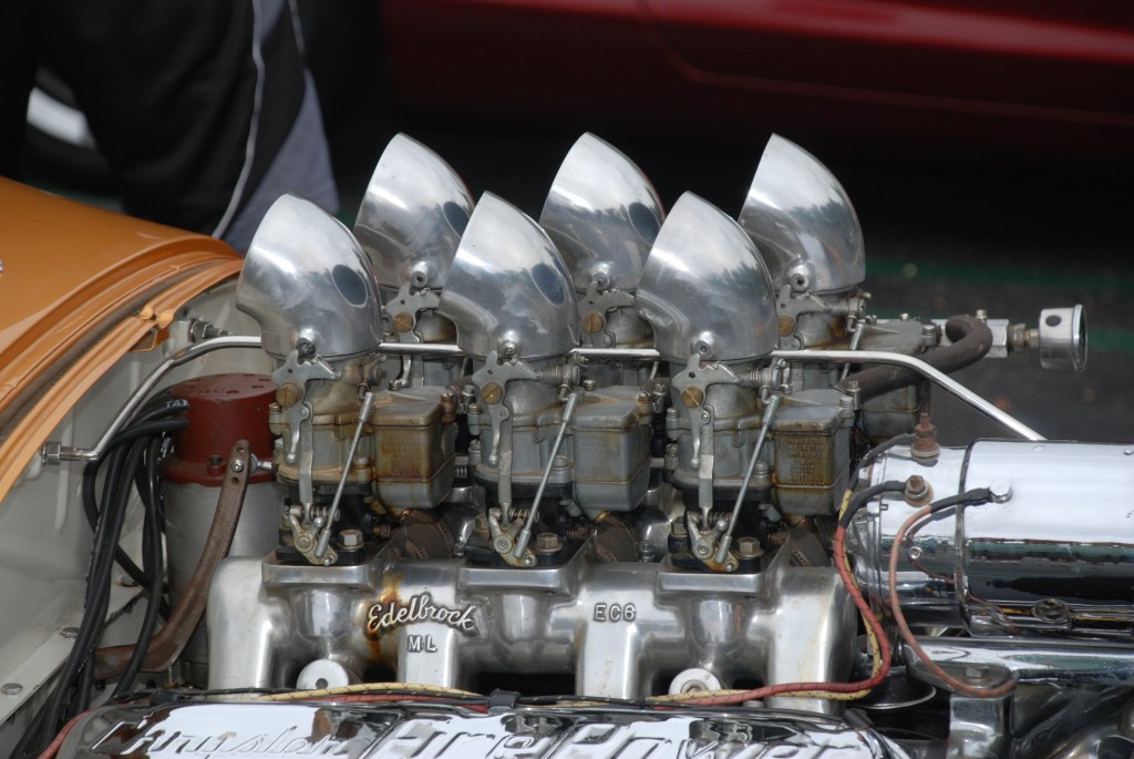 Gold hot rod with Chrysler Fire Power V8_carburetor & magneto detail_Cars&Coffee_October 20, 2012
