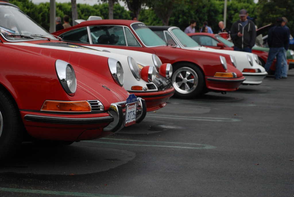 Porsche row line up_ Red & white 911's and one 912_nose shot_Cars&Coffee_October 20, 2012