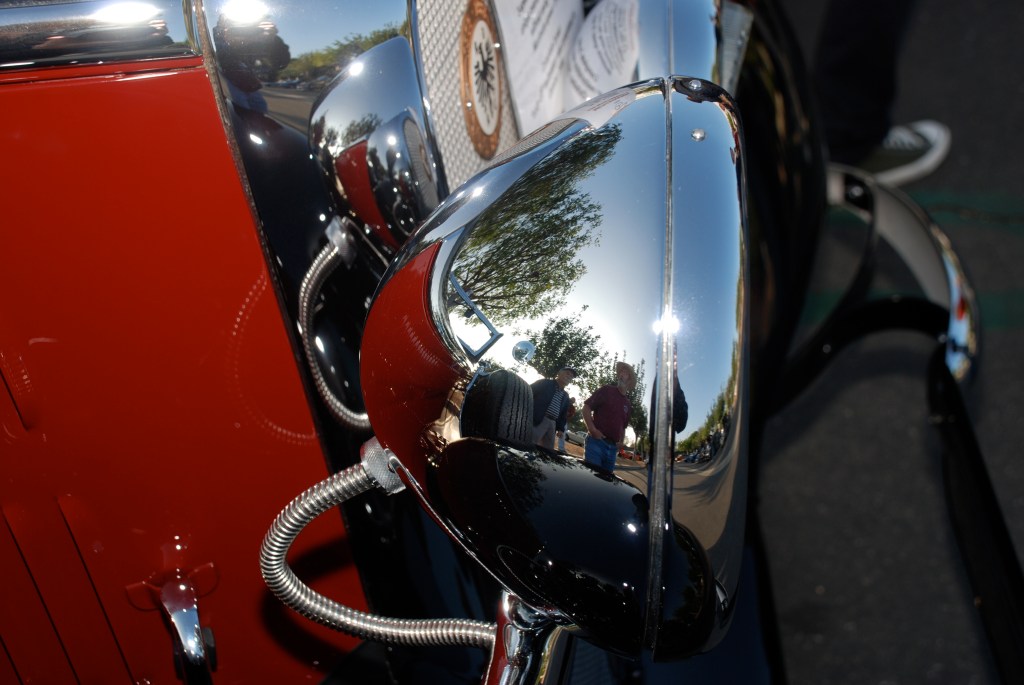 Red & Black 1936 Mercedes Benz 230 W-143 Cabriolet B_headlight & grill reflections_Cars&Coffee_November 3, 2012