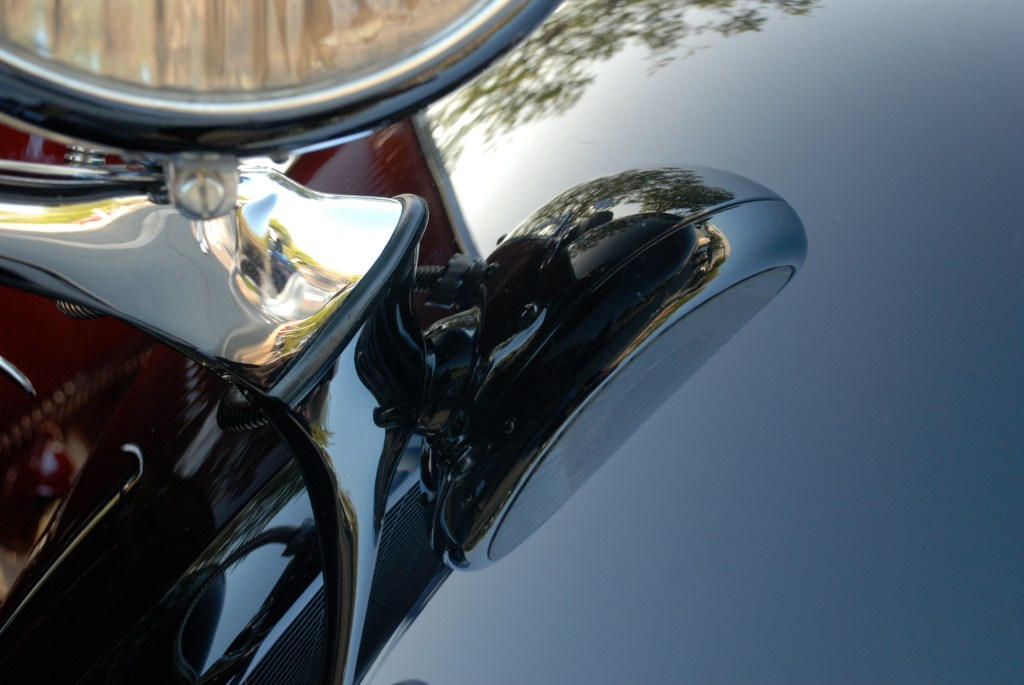 Red & Black 1936 Mercedes Benz 230 W-143 Cabriolet B_headlight & fender reflections_Cars&Coffee_November 3, 2012