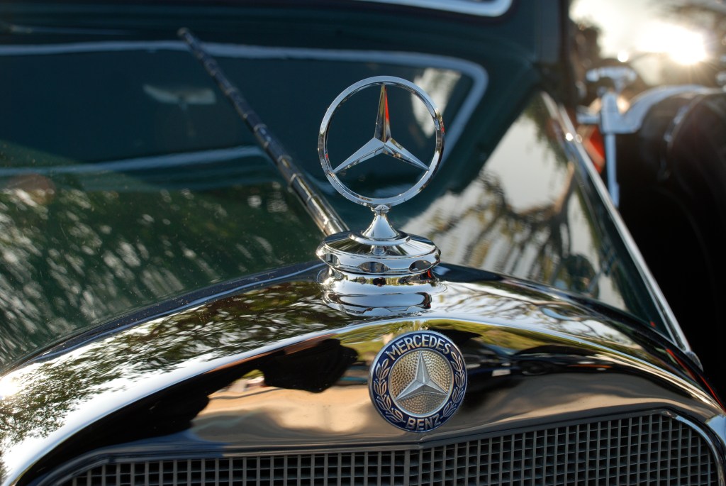 Green & Black (1936-1940),Mercedes Benz 260 D, W-138 series sedan_hood, grill and badging reflections_Cars&Coffee_November 3, 2012