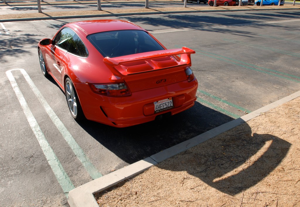 Red Porsche 997 GT3_ 3/4 rear view with extended shadow_Cars&Coffee_November 10, 2012