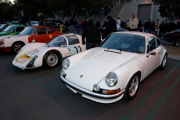 White 1966 Porsche 906 race car_ flanked by 2 Porsche 911 RGruppe vehicles_white 1972 911 GT and red 1966 911R racer_Cars&Coffee/Irvine_December 29, 2012_DSC_0525