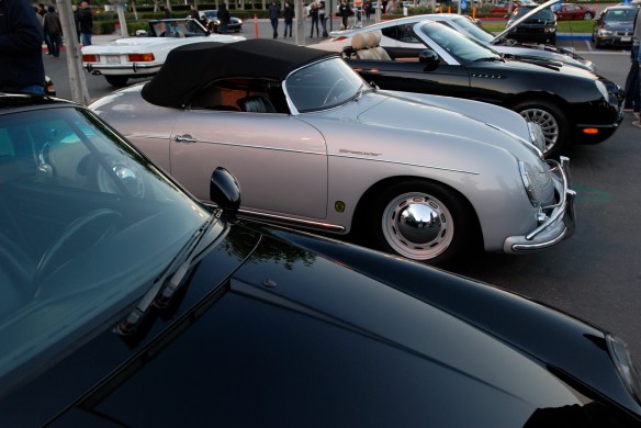 Silver 1955 Porsche Speedster & black Porsche 993_3/4 front view w/reflections_Cars&Coffee/Irvine_January 5, 2013