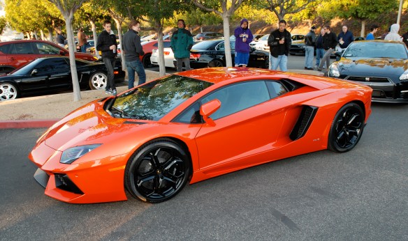  2012 Orange (Arancio Argos) Lamborghini Aventador_3/4 front view w/reflections_CArs&Coffee/Irvine_January 5, 2013