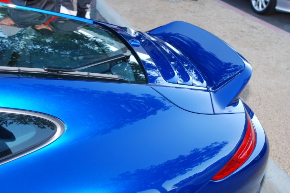Aqua Blue metallic Type 991 Porsche 911 Carrera _rear ducktail spoiler w/reflections_Cars&Coffee/Irvine_January 12, 2013