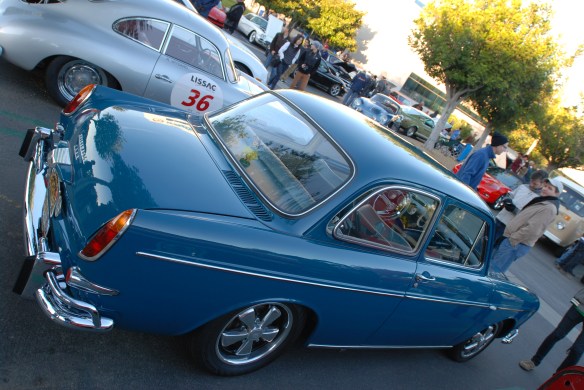 Blue 1965 VW type 3 Notchback_angled 3/4 rear view and early morning reflections_Cars&Coffee/Irvine_January 19, 2013