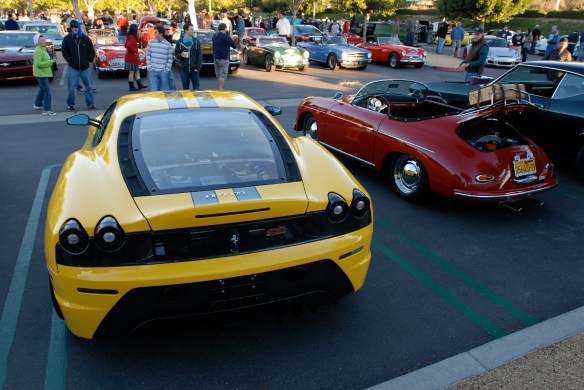Fly yellow Ferrari F430 Scuderia and Red Speedster_3/4 rear view_Cars&Coffee/Irvine_January 19, 2013
