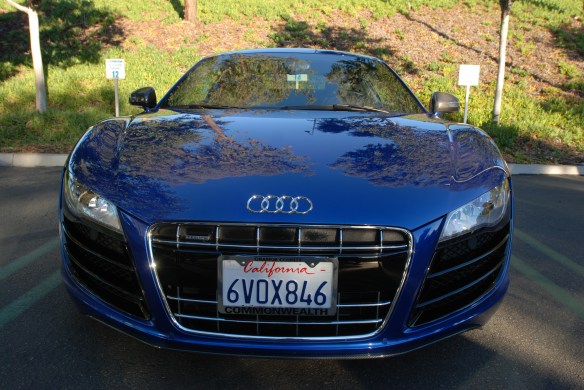 Blue metallic Audi R8 _ front view with tree reflections_Cars&Coffee/Irvine_January 19, 2013
