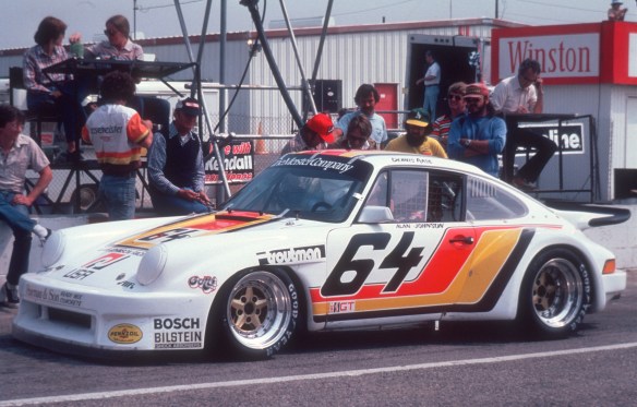 Dennis Aase #64 Porsche 911 GTU_ 3/4 side view, pit lane_ Riverside raceway_April 1980