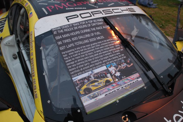 Truspeed yellow & black # 80, Porsche GT3 Cup car__Printed race summary graphic on windshield_Cars&Coffee/Irvine_February 2, 2013