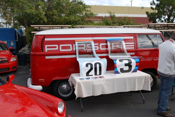 Red & white VW bus with Porsche factory graphics_917 doors  on display_Phoenix club all Porsche Swap & Display_3/03/13