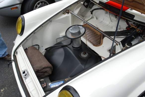 White with blood orange stripe 1967 Porsche 911R tribute _ front trunk detail_cars&coffee/Irvine_3/16/13 White with blood orange stripe 1967 Porsche 911R tribute _ front trunk detail_cars&coffee/Irvine_3/16/13