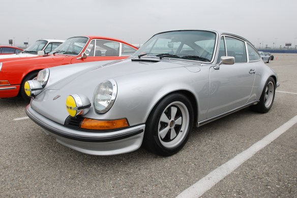 Silver 1972 Porsche 911S  from trio of one family's three Porsche 911s _Porsche Corral_3/4 front view_California Festival of Speed_April 6, 2013