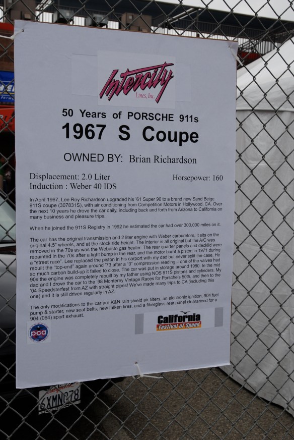 50th anniversary  of the Porsche 911 display_Sand Beige 1967 911S  Coupe biography _California Festival of Speed_April 6, 2013
