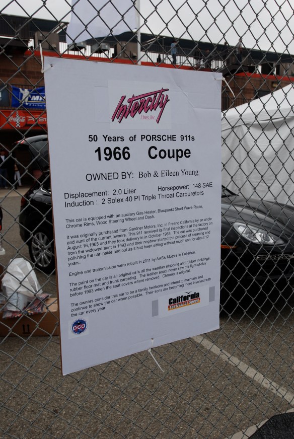 50th anniversary  of the Porsche 911 display_Green 1966 911  Coupe biography _California Festival of Speed_April 6, 2013