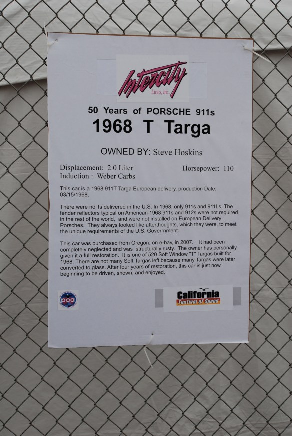 50th anniversary  of the Porsche 911 display_Tangerine 1968 911T soft window Targa biography _California Festival of Speed_April 6, 2013