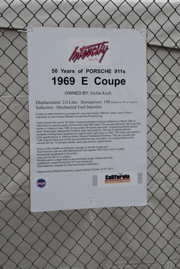 50th anniversary  of the Porsche 911 display_White 1969 911E  coupe  biography _California Festival of Speed_April 6, 2013
