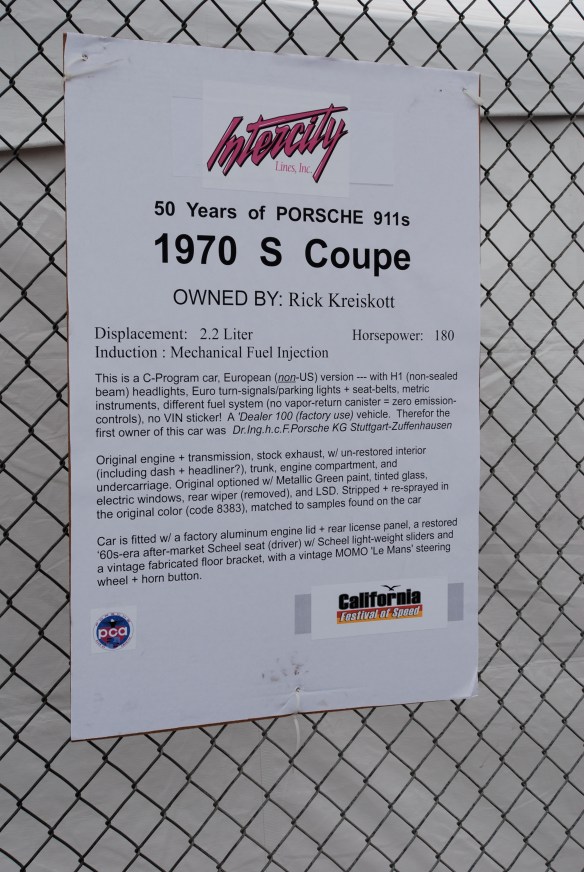 50th anniversary  of the Porsche 911 display_ Metallic Green 1970 911S  coupe biography _California Festival of Speed_April 6, 2013