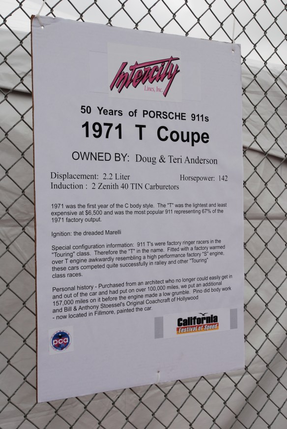 50th anniversary  of the Porsche 911 display_ Red 1971 911T  coupe biography _California Festival of Speed_April 6, 2013