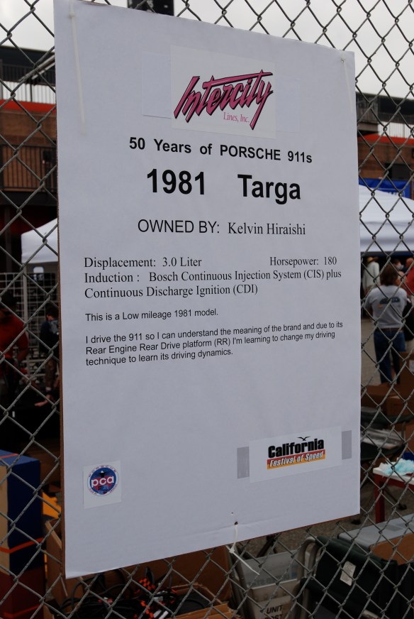 50th anniversary  of the Porsche 911 display_Black 1981 911SC Targa biography _California Festival of Speed_April 6, 2013