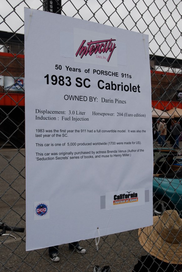 50th anniversary  of the Porsche 911 display_White 1983 911SC Cabriolet biography _California Festival of Speed_April 6, 2013